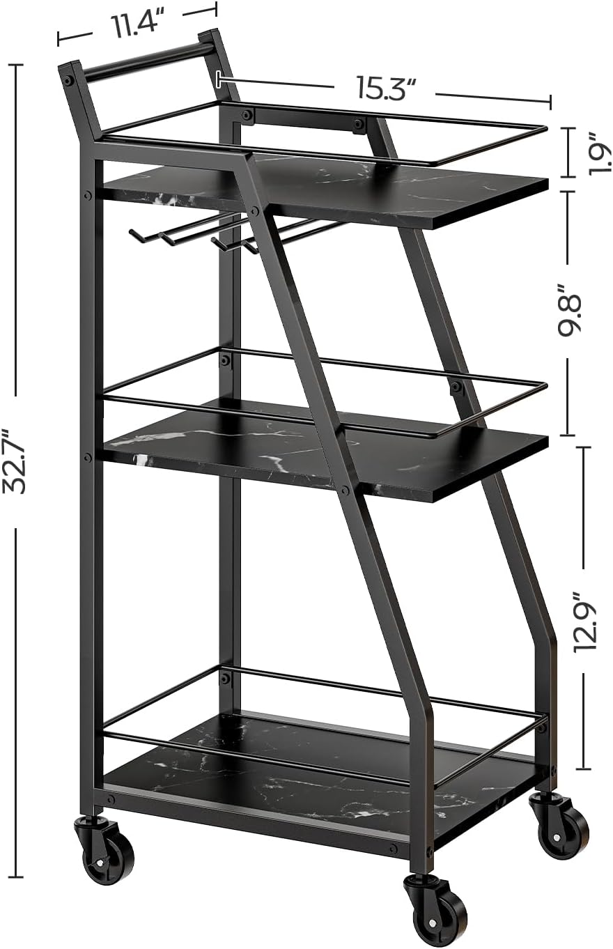 3-Tier Rolling Glass Holder Bar Cart