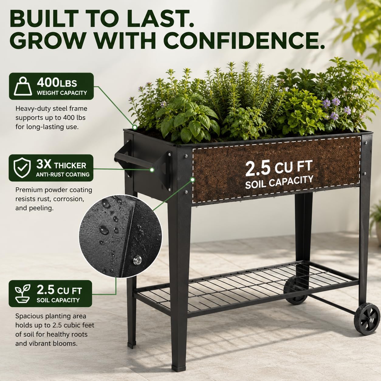 Rolling Steel Elevated Garden Planter Box