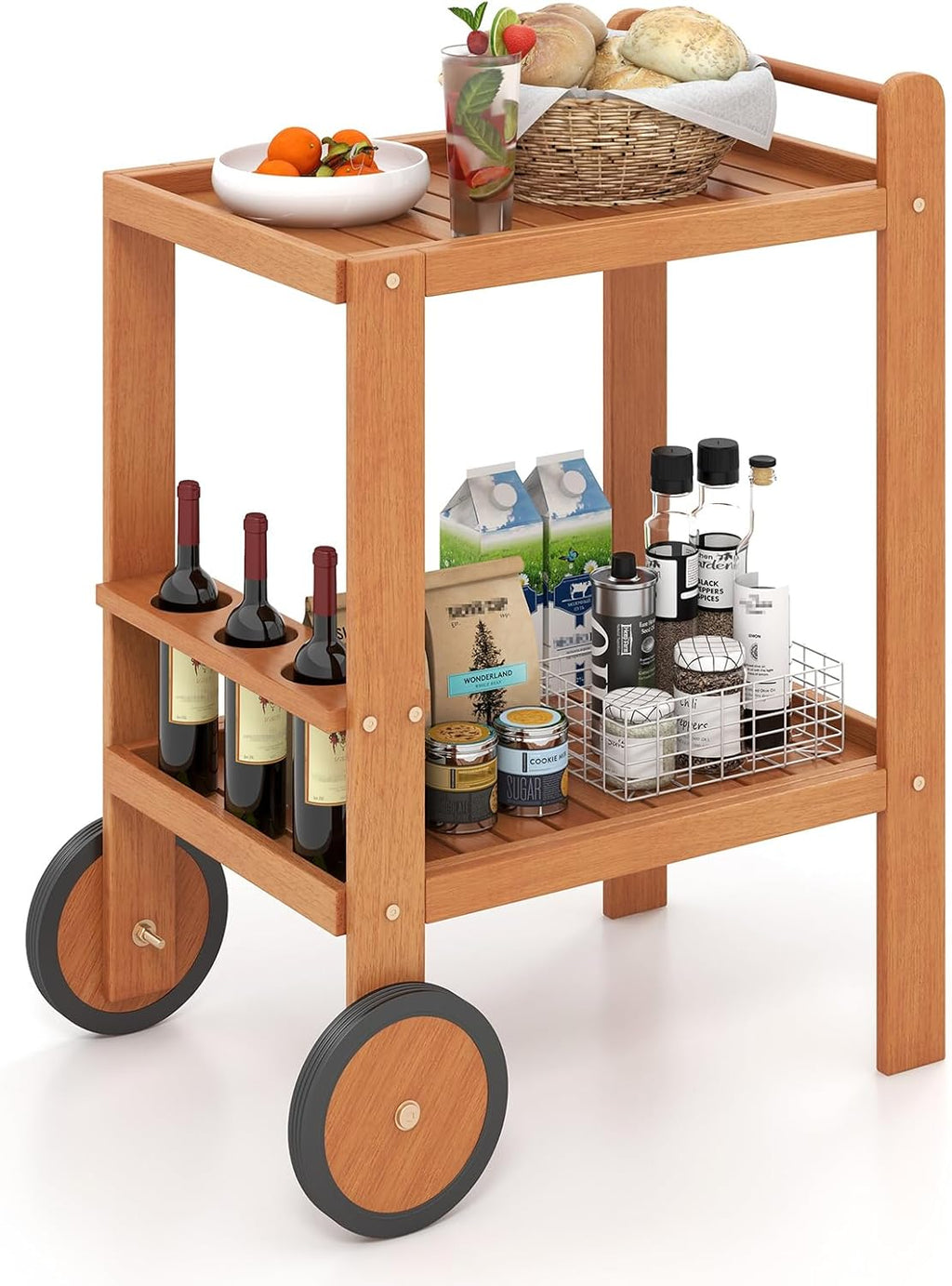 2-Tier Rolling Wooden Wine Bar Cart
