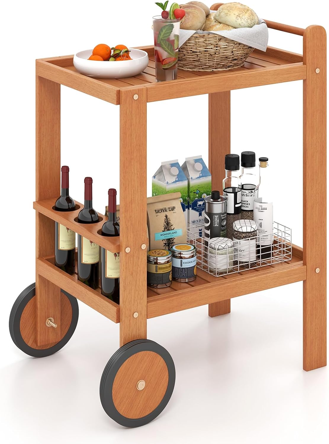 2-Tier Rolling Wooden Wine Bar Cart
