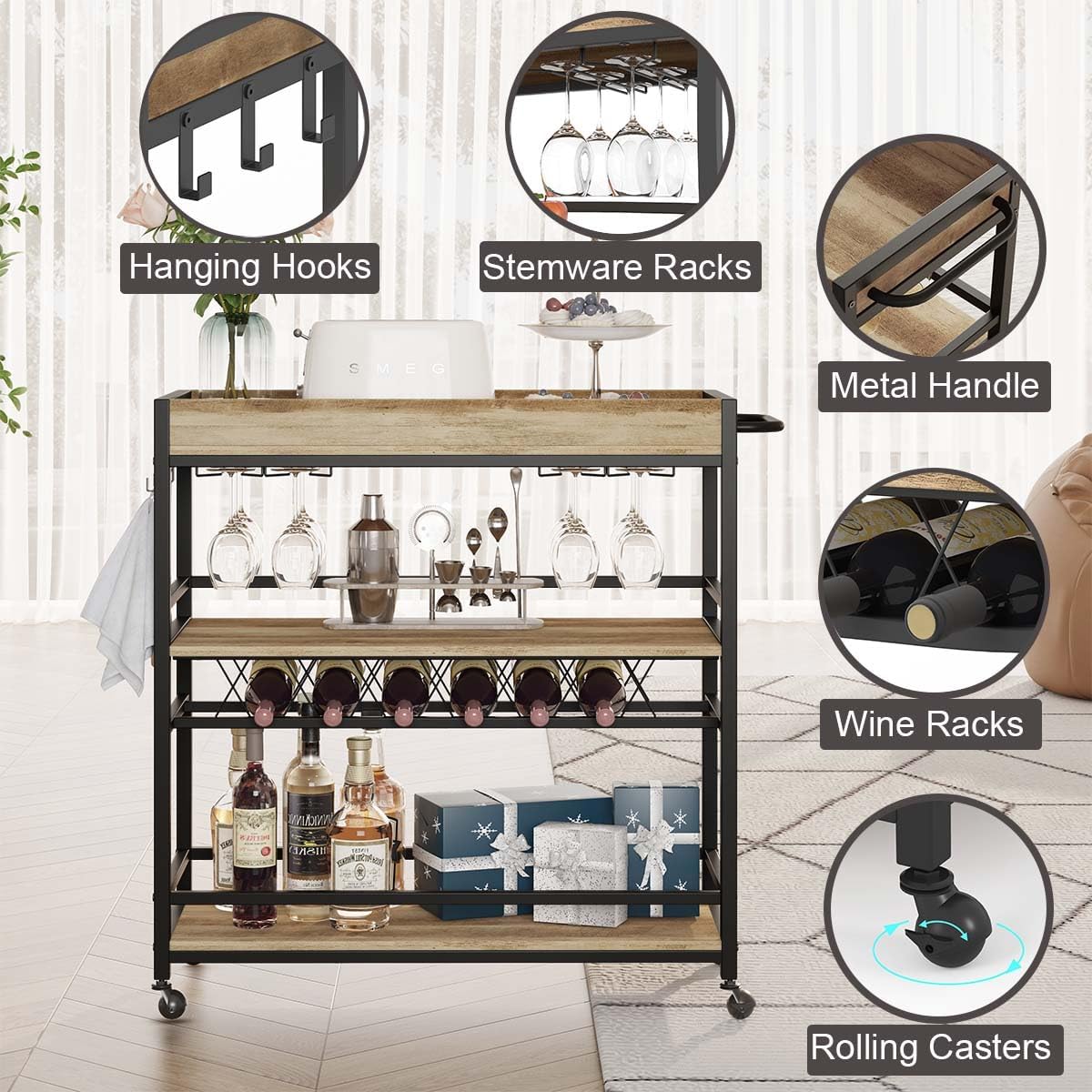 3-Tier Rolling Wooden Beverage Cart