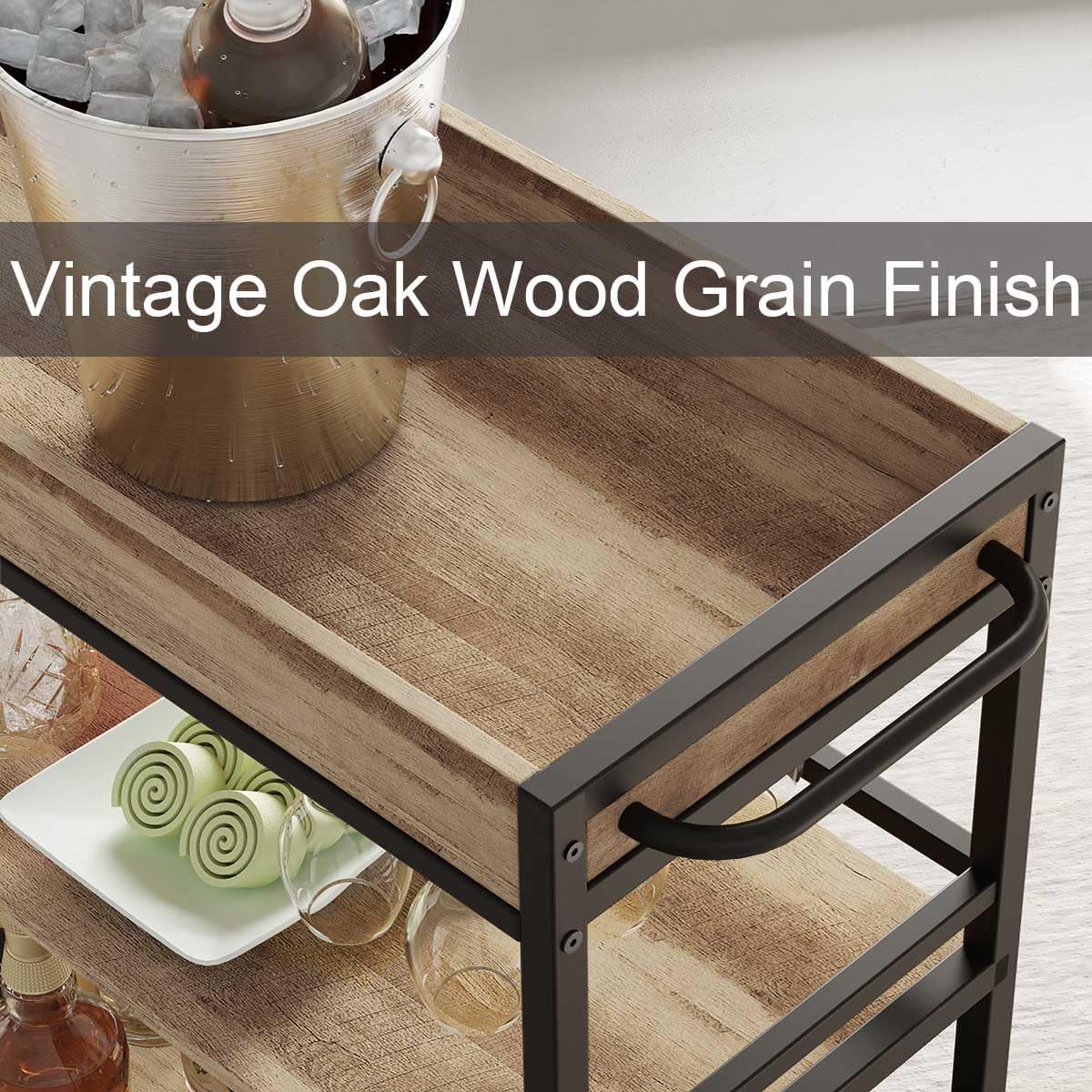 3-Tier Rolling Wooden Beverage Cart