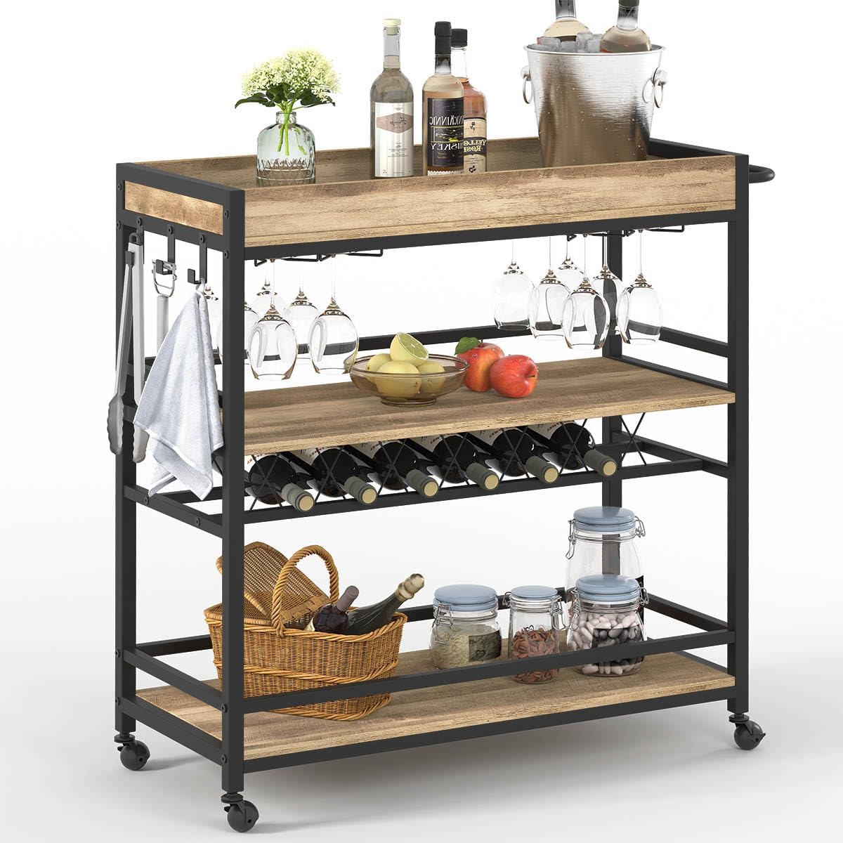 3-Tier Rolling Wooden Beverage Cart
