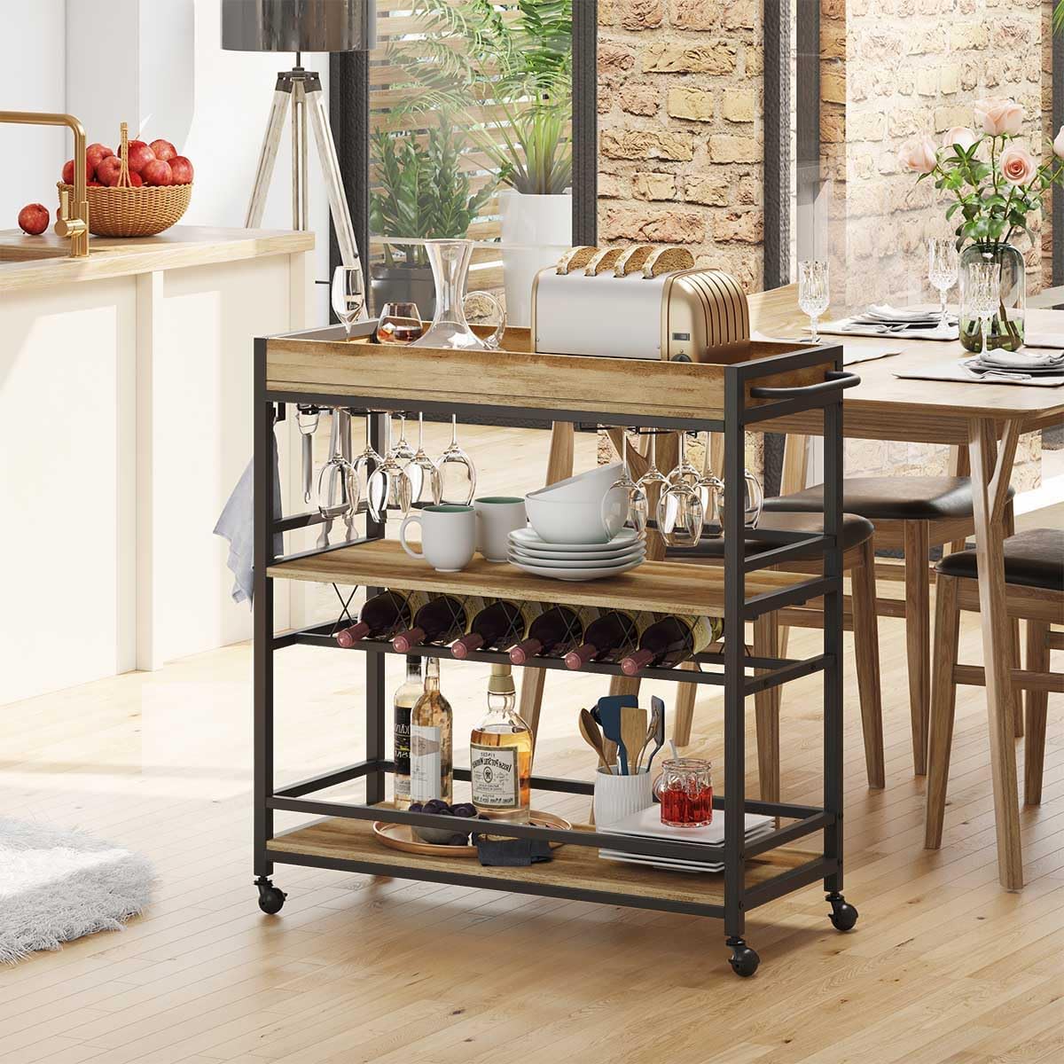 3-Tier Rolling Wooden Beverage Cart