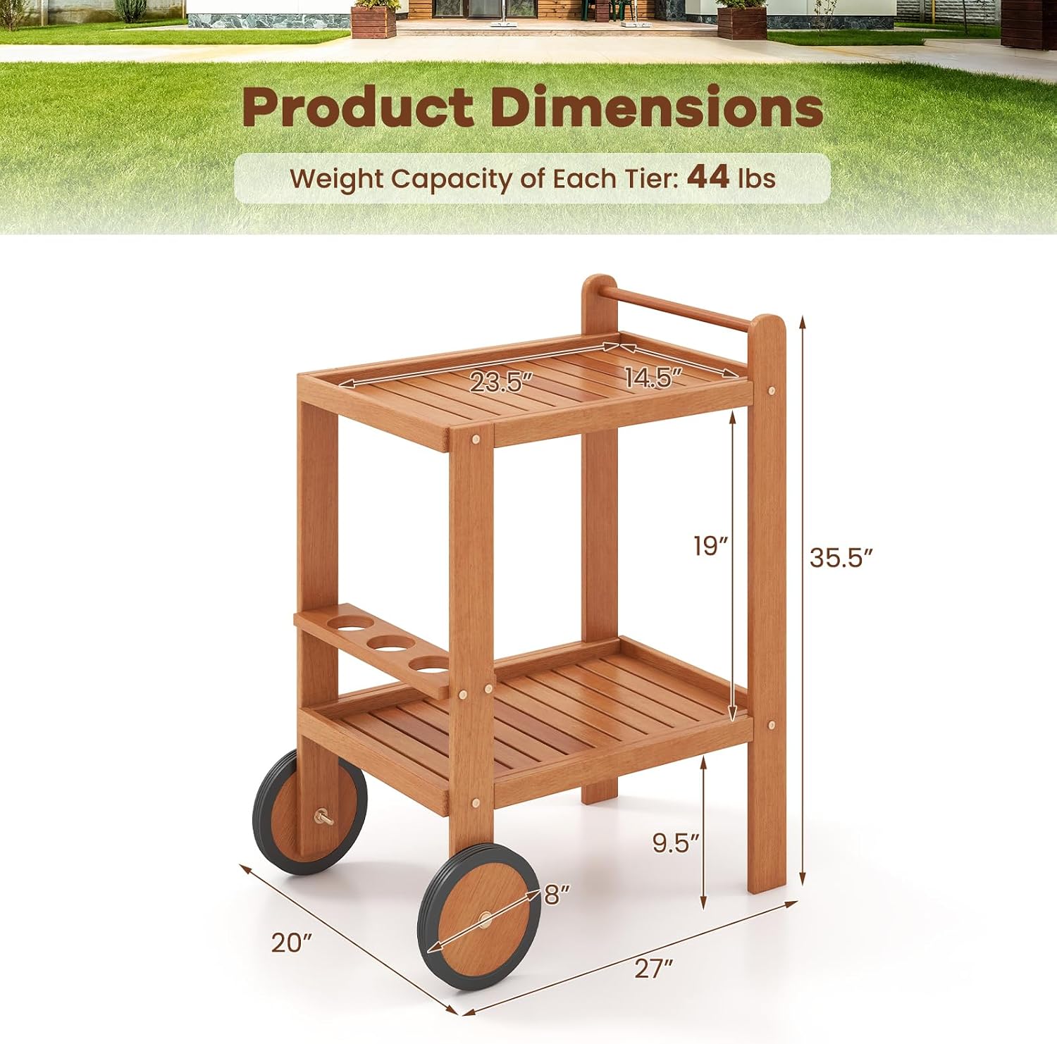 2-Tier Rolling Wooden Wine Bar Cart