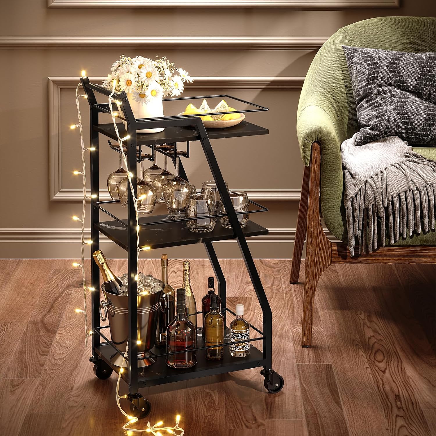3-Tier Rolling Glass Holder Bar Cart