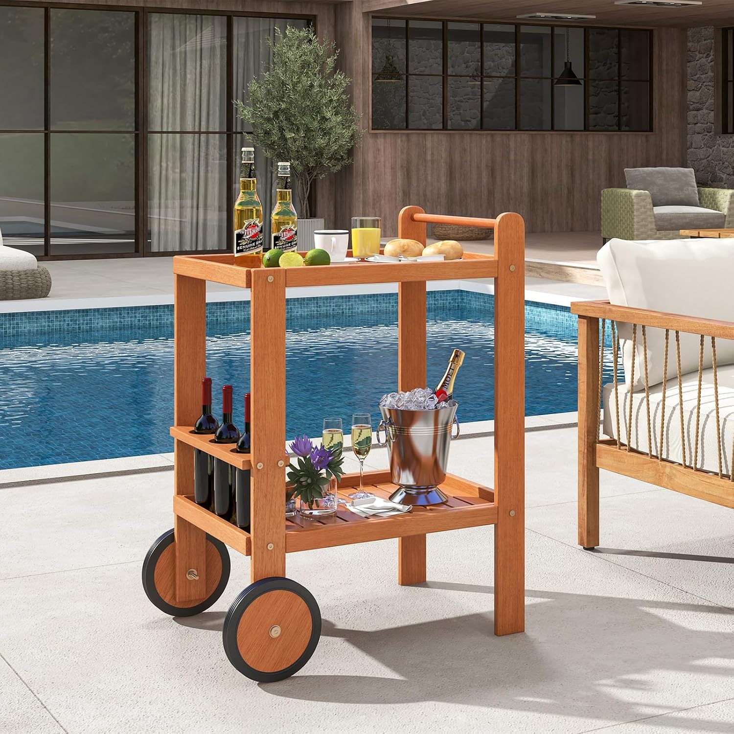 2-Tier Rolling Wooden Wine Bar Cart