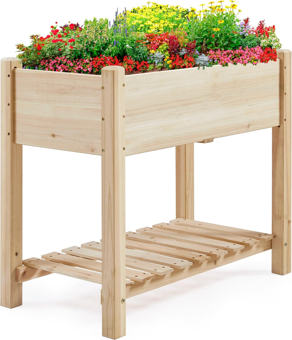 Wood Elevated Garden Planter With Shelf