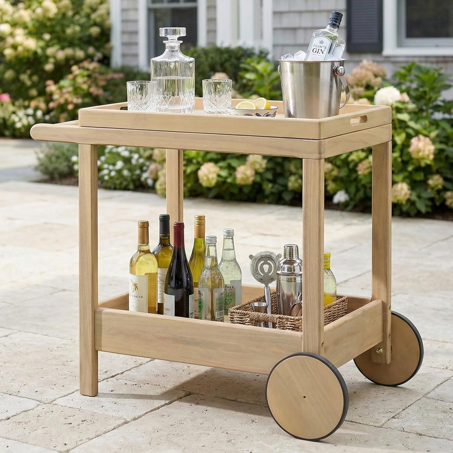 Wood Rolling Outdoor Serving Bar Cart