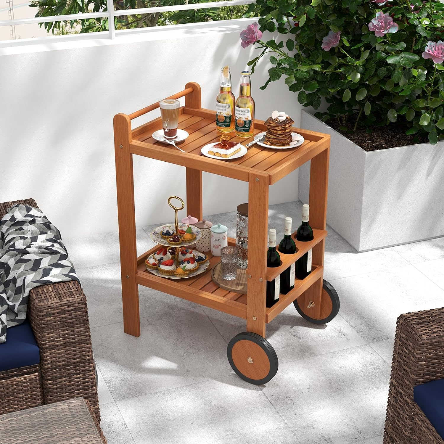 2-Tier Rolling Wooden Wine Bar Cart