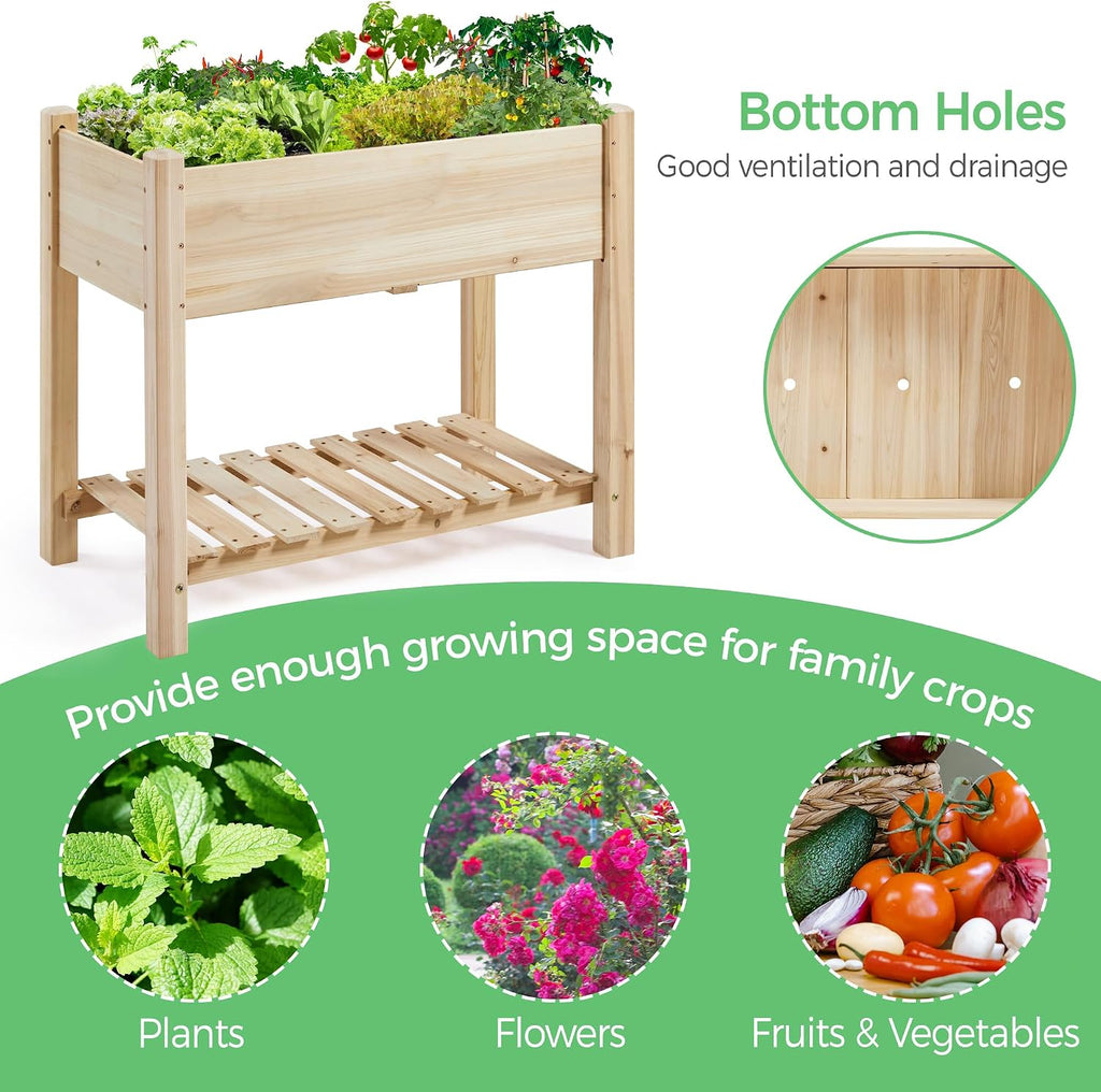 Wood Elevated Garden Planter With Shelf