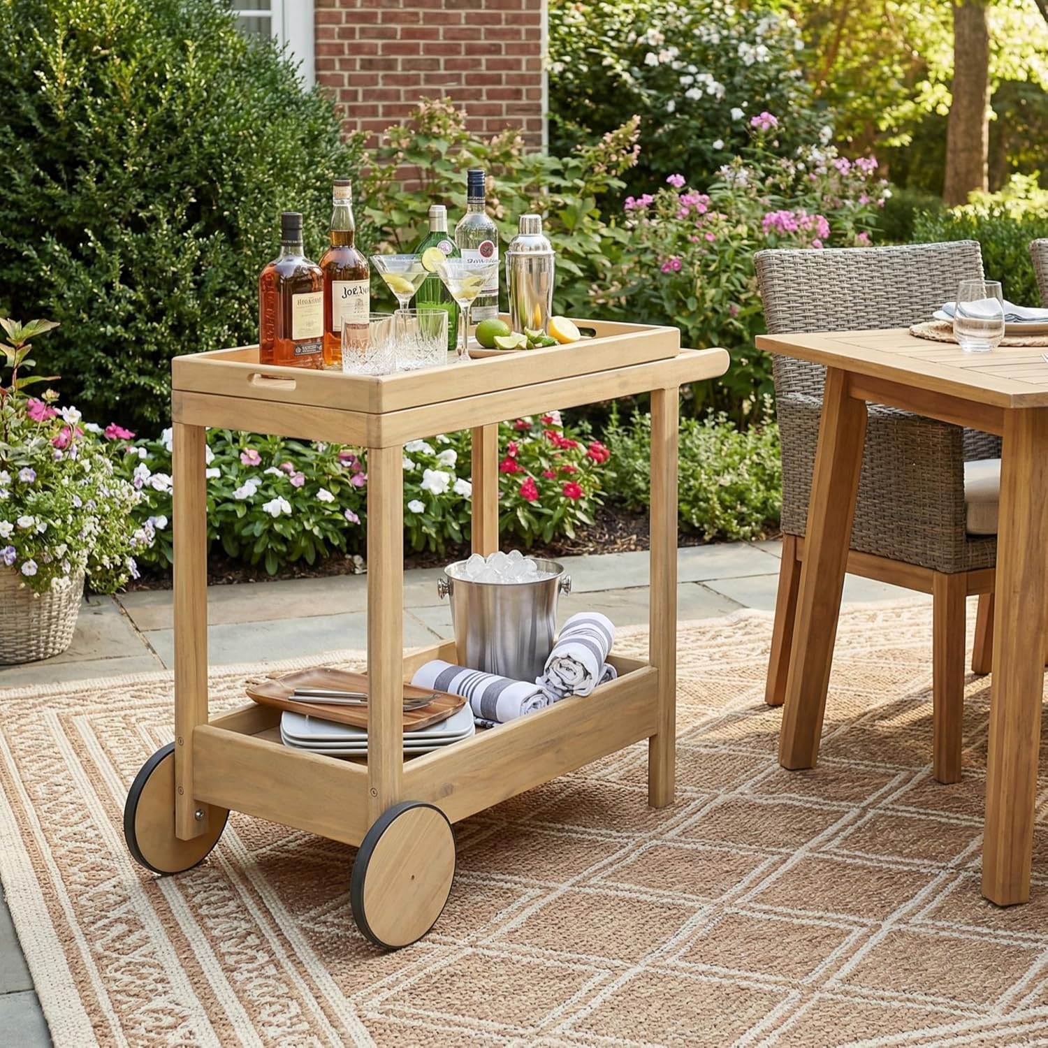 Wood Rolling Outdoor Serving Bar Cart