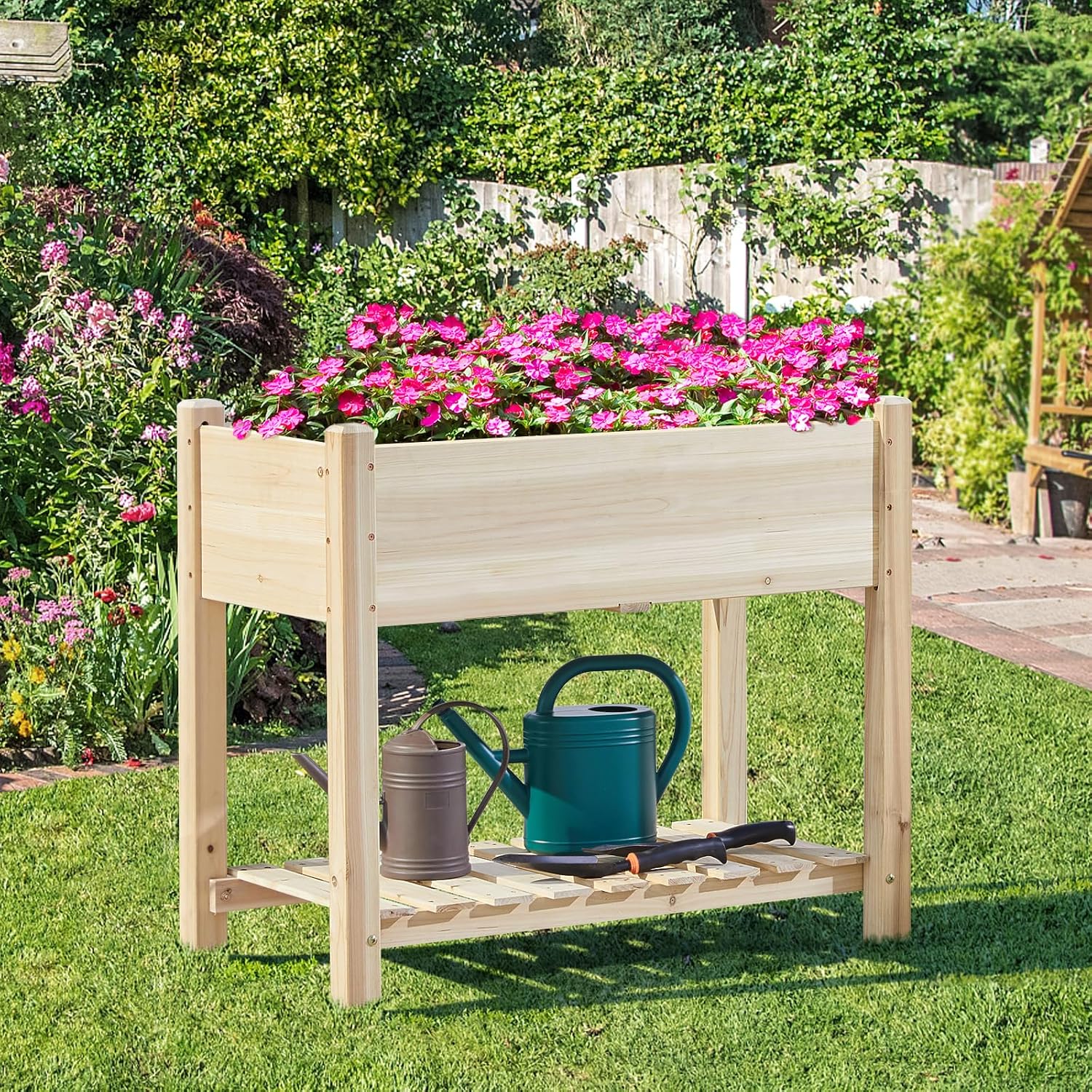 Wood Elevated Garden Planter With Shelf