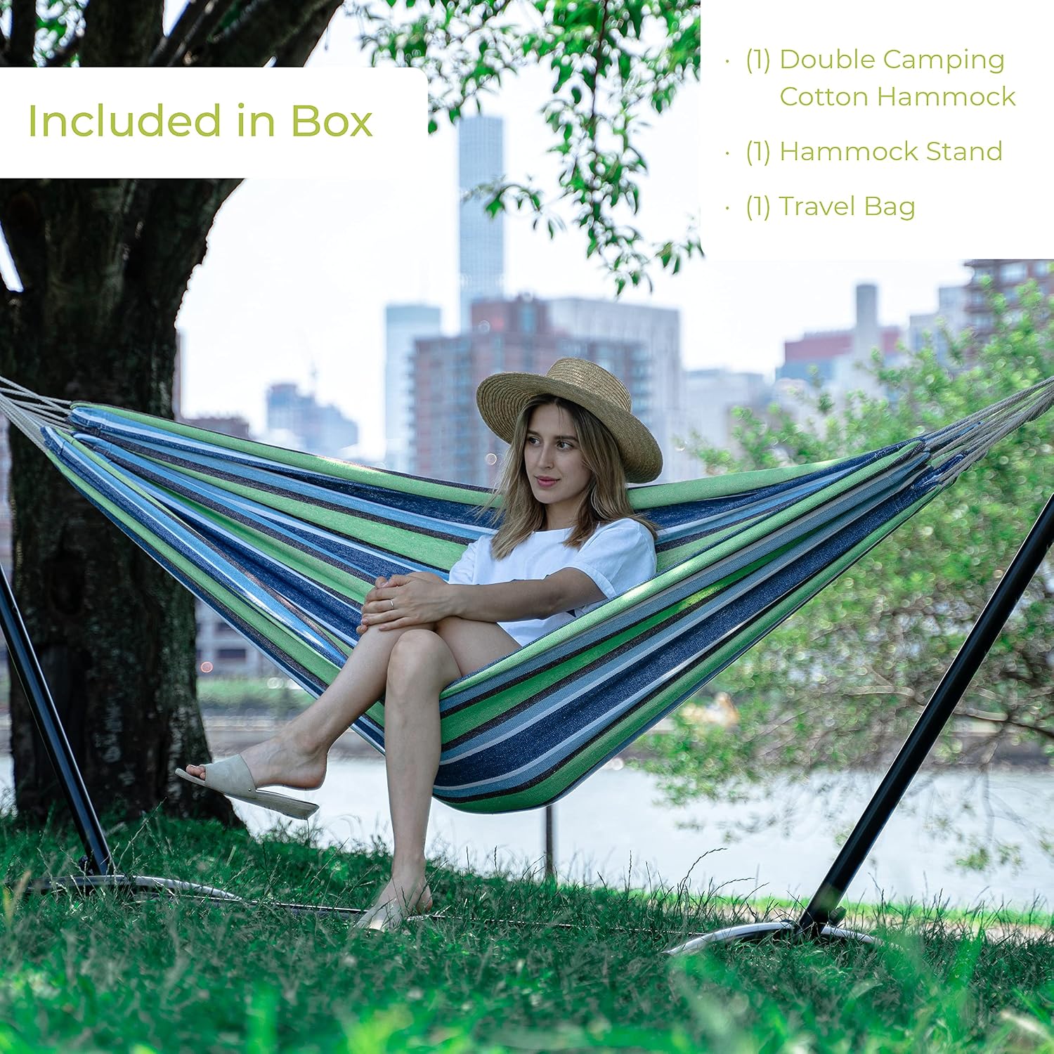 Cotton Double Hammock Steel Stand Set