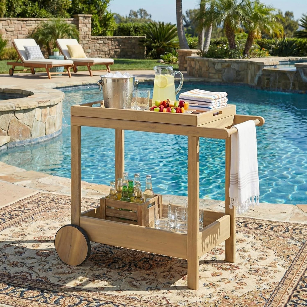 Wood Rolling Outdoor Serving Bar Cart