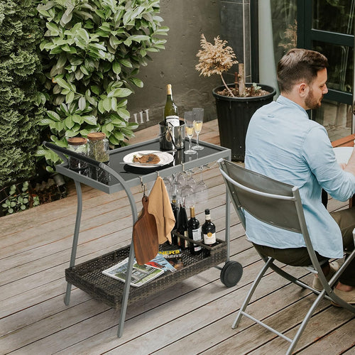 2-Tier Wicker Outdoor Rolling Bar Cart