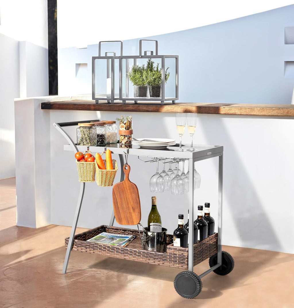 2-Tier Wicker Outdoor Rolling Bar Cart