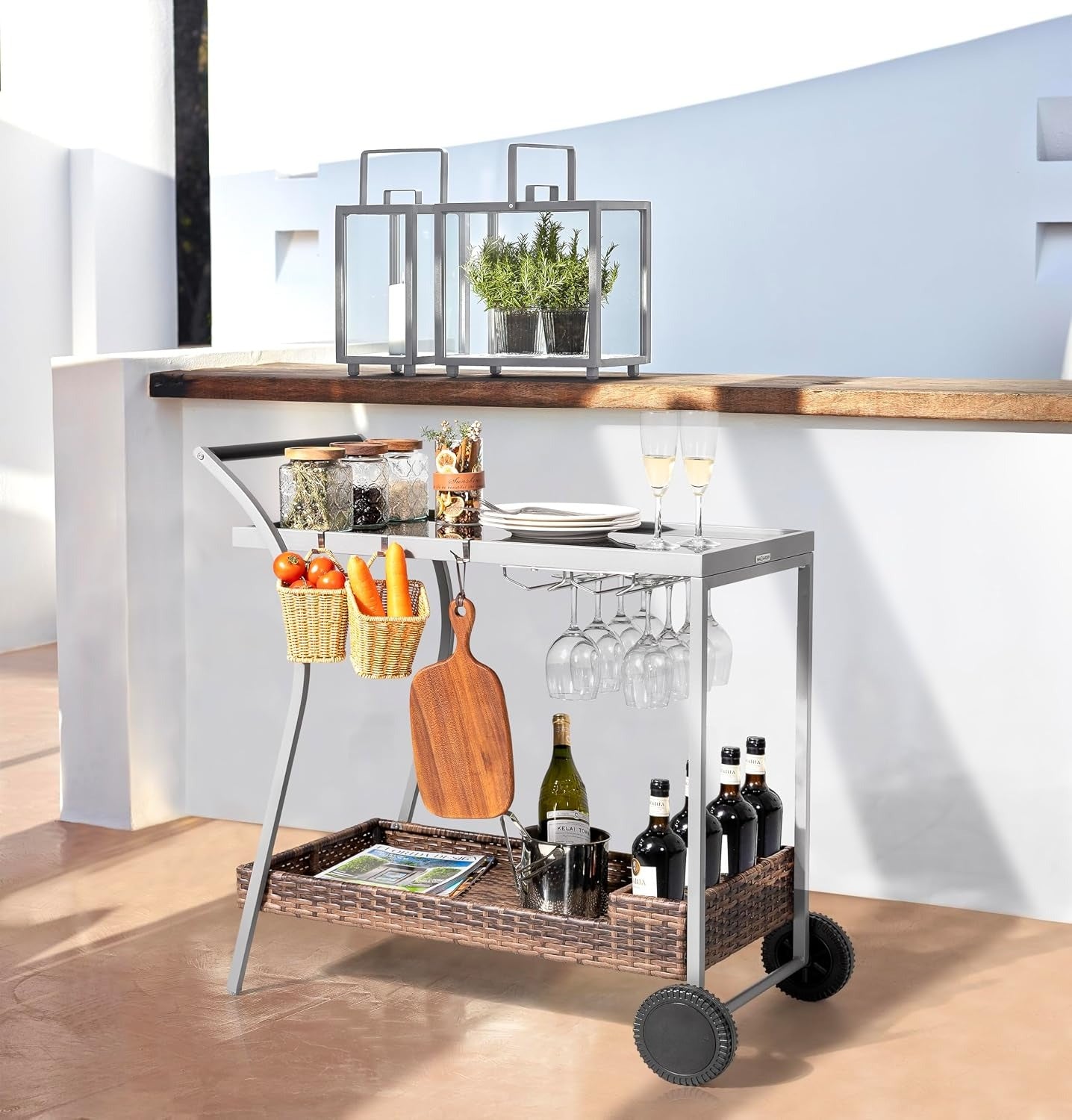 2-Tier Wicker Outdoor Rolling Bar Cart