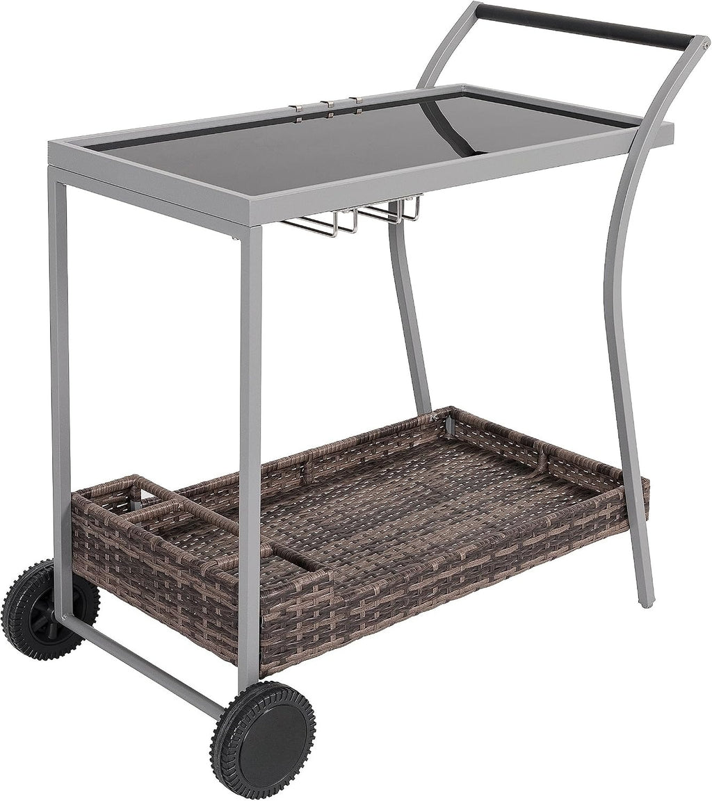 2-Tier Wicker Rolling Outdoor Bar Cart