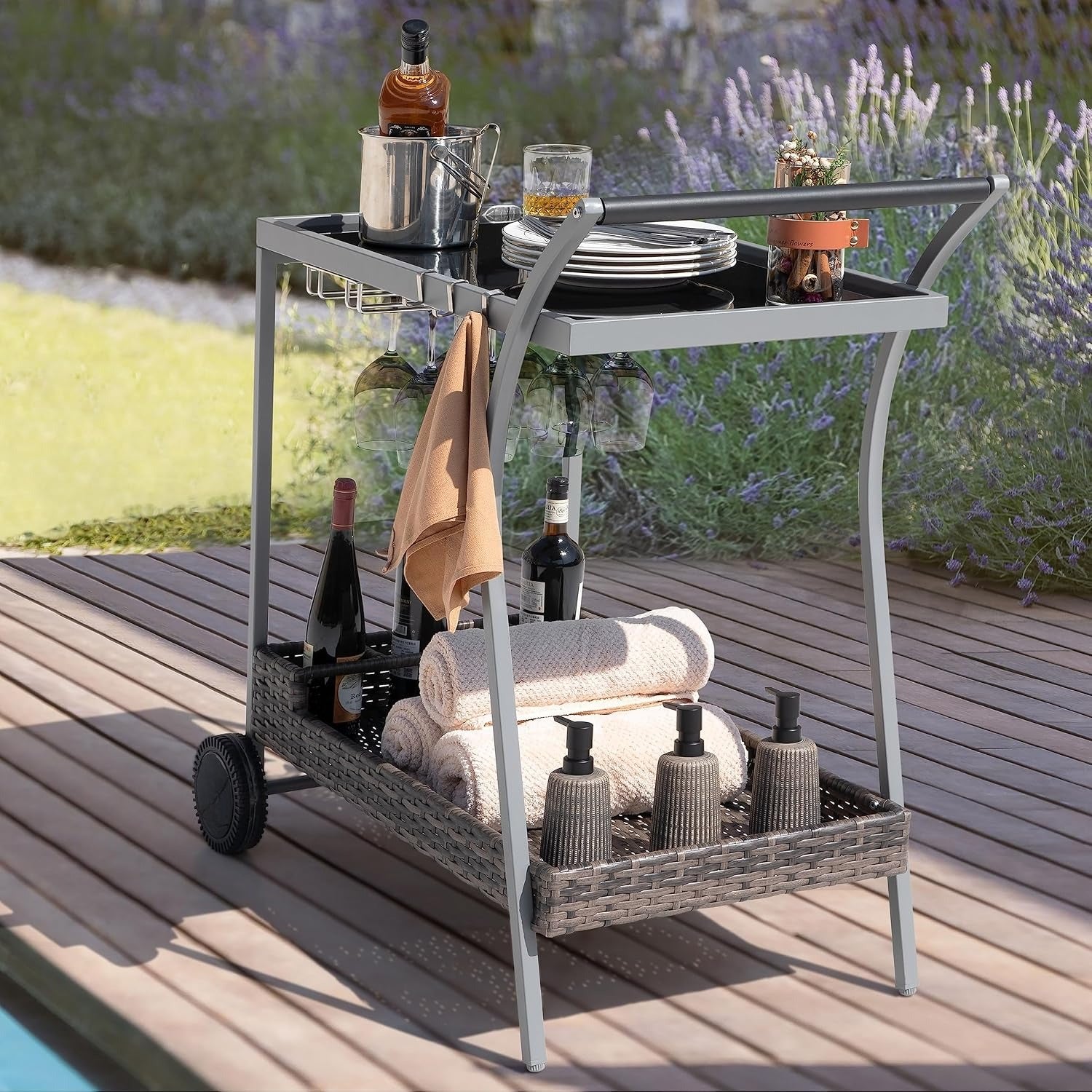 2-Tier Wicker Rolling Outdoor Bar Cart